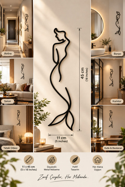 VENON 45x11 Metal Deniz Kızı-Balık Kız Çizgisel Tasarım ❤️ Duvar Tablo Kapı Ü...