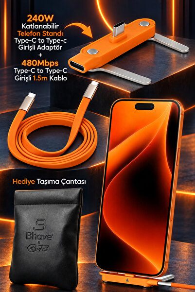 Bhave Katlanabilir Standlı 240W Ultra Hızlı Type-C Şarj Kablosu 1.5mt Deri Ta...