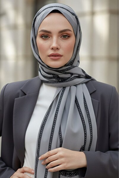 Vissona KREP ZİNCİR DESENLİ GRİ RENKLİ 75X195 KIRIŞMAZ ŞAL