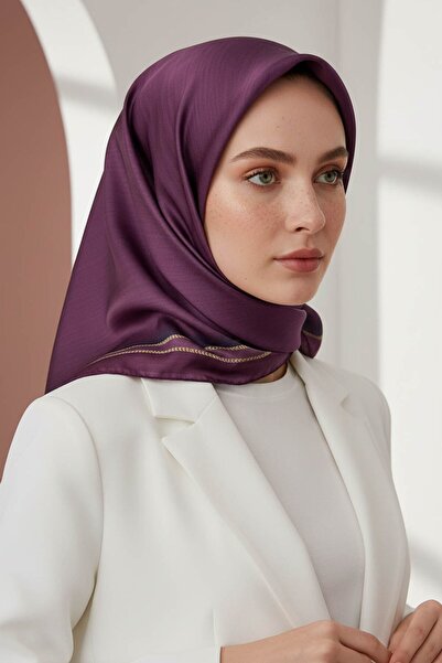 VİOLLA Twill Efektli Bordür Desenli Mürdüm Renkli 90x90 Eşarp (İpek İçermez) ...