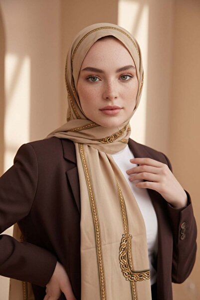 Vissona KREP ZİNCİR DESENLİ BEJ RENKLİ 75X195 KIRIŞMAZ ŞAL