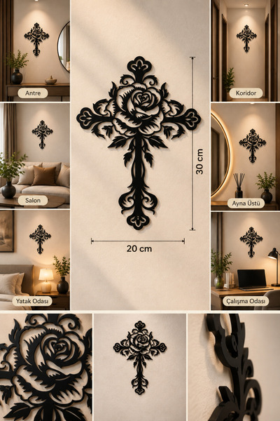 VENON ♰ Siyah 20x30 ÇİÇEKLİ Haç Metal Duvar Tablosu Dini Dekoratif Metal Sana...