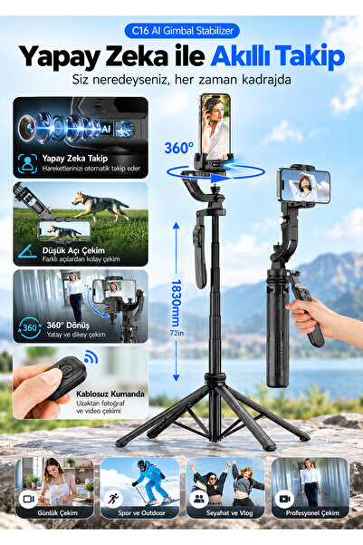 Asfal Hareket ve Yüz Takip Sistemli 183 cm Tripod 360° Dönen Uzaktan Kumandal...