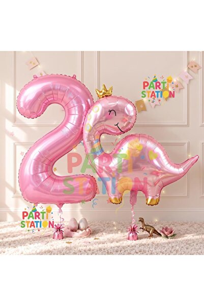 Parti Station Pink Dinosaur 2 Years Old Pink Color Number Balloon Set Cute Pi...