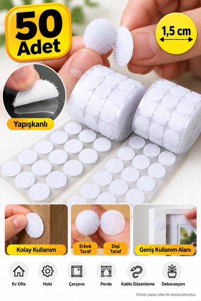 Dünya Magnet 50 Adet Yuvarlak Yapışkanlı Cırt Bant 1,5 Cm Beyaz Dişi Erkek Ta...