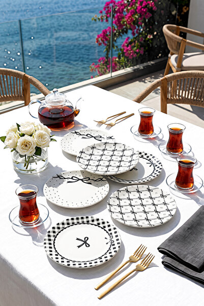 ers erbaşlar Siyah Fiyonk Lüx Seramik 6 Kişilik Pasta Seti Pasta Tabağı ( 20 cm)
