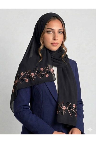 Veil Designer طرحة بوال اسود ورد و اغصان قماش ياباني بتطريز علي طرفين الطرحه ...