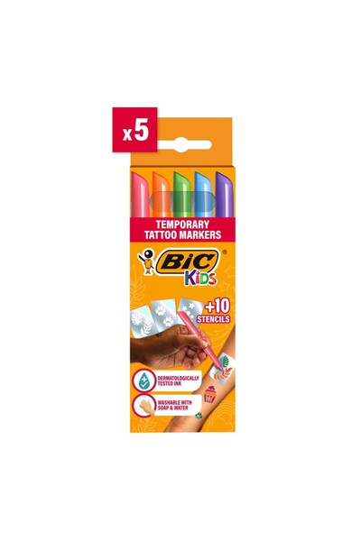 Bic Set de markere pentru tatuaje pentru copii 5 markere + 10 șabloane