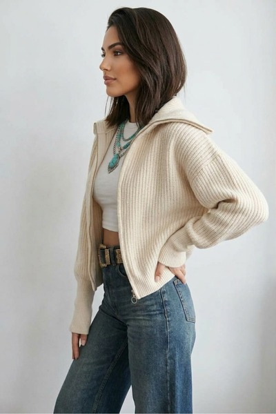 K-ODEA BUTİK Devrik Yaka Fermuarlı Taş Triko Kadın Hırka