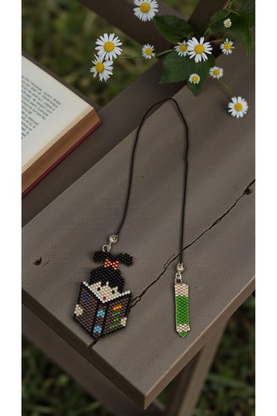SEARD Miyuki Beads Handmade Book Reading Girl and Green Pen Bookmark