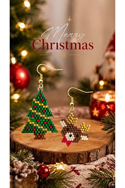 Miyuki Boncuk El Yapımı Geyik Ve Çam Ağacı Küpe Yılbaşı Christmas Noel