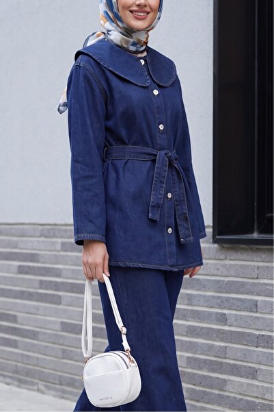 Modamorfo Costum din denim pentru bebeluși, cu guler, centură în talie și pan...