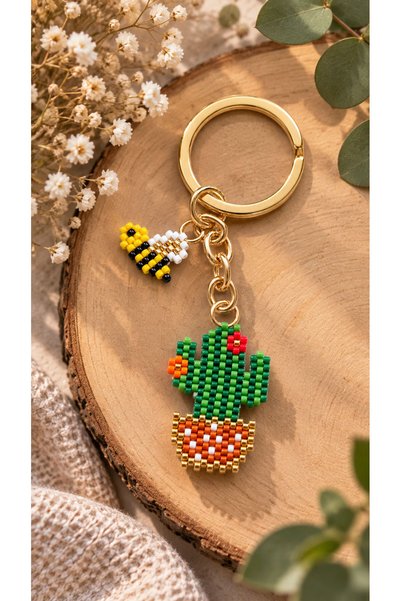 SEARD Miyuki Beads Handmade Orange Floral Cactus and Bee Keychain/Bag Ornament