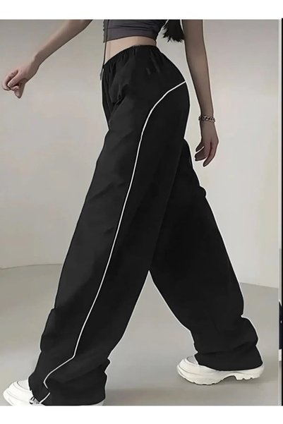 ikmal collection ikmal Kadın Siyah Şeritli Paraşüt Kumaş Pantolon