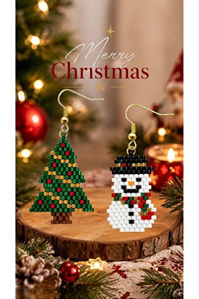 Miyuki Boncuk El Yapımı Kardan Adam Ve Çam Ağacı Küpe Yılbaşı Christmas Noel