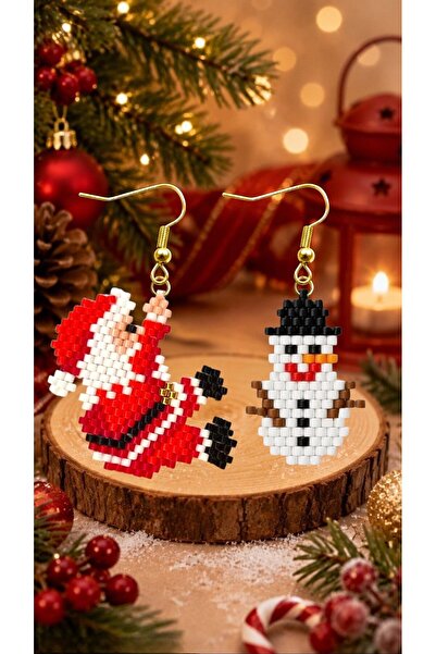 SEARD Miyuki Boncuk El Yapımı Noel Baba ve Kardan Adam Küpe Yılbaşı Christmas...