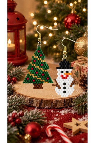 SEARD Miyuki Beads Handmade Pine Tree and Snowman Earrings New Year Christmas Noel