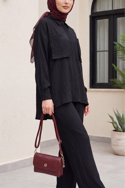 Modamorfo Double Linen Look Suit with Gusseted Pockets - Black