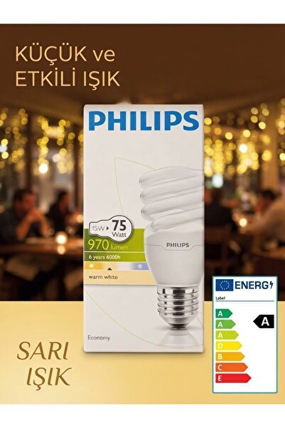 Philips 15W =75W Spiral Kıvrık Helezon Tasarruflu Ampul/e27 Duy/Sarı Işık-270...