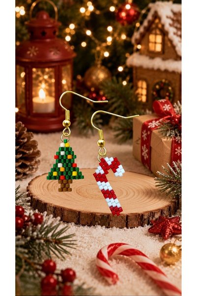 SEARD Miyuki Beads Handmade Candy Cane and Tiny Pine Tree Earrings New Year Christmas Noel