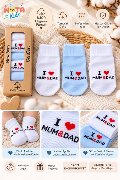 NOTA KİDS %100 Organik "I love Dad&Mom" yazılı 6 adet Erkek Bebek Çorabı
