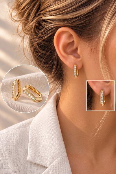 Vip Taşlı Köşeli Küpe – Geometrik Modern Form, Altın Renk, Kararmaz