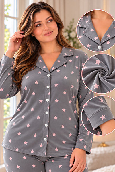 Kadın Büyük Beden Milan Soft Gömlek Yaka Boydan Düğmeli Pijama Takımı KZY3499