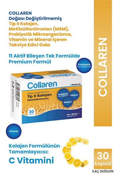 Collaren Doğası Değiştirilmemiş Tip II Kolajen, Metilsülfonilmetan (MSM), Probiyotik Mikroorganizma, Vitamin ve Mineral İçeren Takviye Edici Gıda - 30 Kapsül