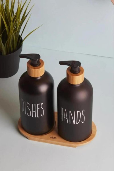 HOMENIVA Gloria black 2-piece glass kitchen liquid soap dispenser set with stand - bamboo stand soap dispenser