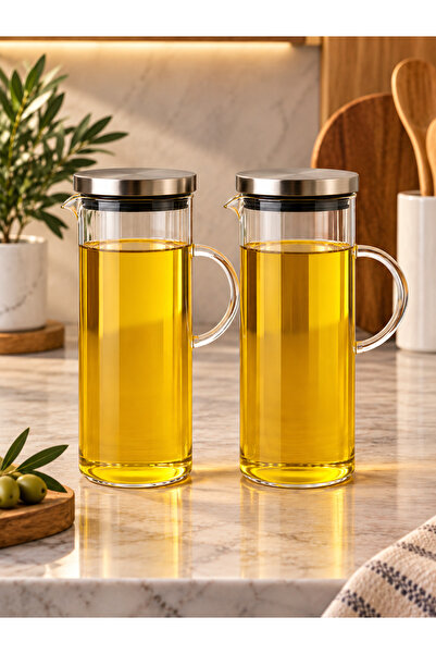 Pembelia Life 2’li Metal Vakumlu Kapaklı 1500 ml Cam Yağdanlık Yağlık Set