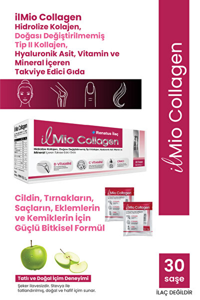 il Mio Collagen Hidrolize Kolajen, Doğası Değiştirilmemiş Tip II Kolajen, Hyaluronik Asit, Vitamin ve Mineral İçeren Takviye Edici Gıda - 30 Saşe