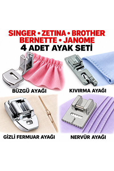 Swart Singer Zetina Janome Brother Bernette kiwi 4'lü Ayak Seti (kıvırma,büzg...