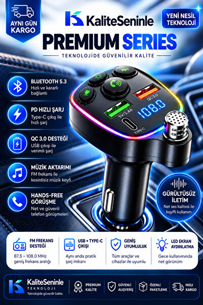 KALİTESENİNLE Bluetooth Araç Kiti Araç Fm Transmitter USB Type-C MP3 SD Kart ...