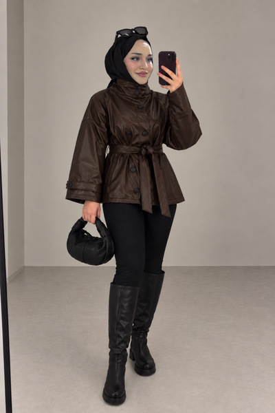 BNGL Boutique Dik yaka kuşaklı suni deri ceket kahverengi