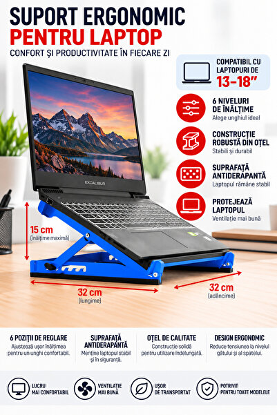 lovebox Suport Laptop Ergonomic Reglabil din Oțel, 6 Niveluri, 13–18 Inch, An...