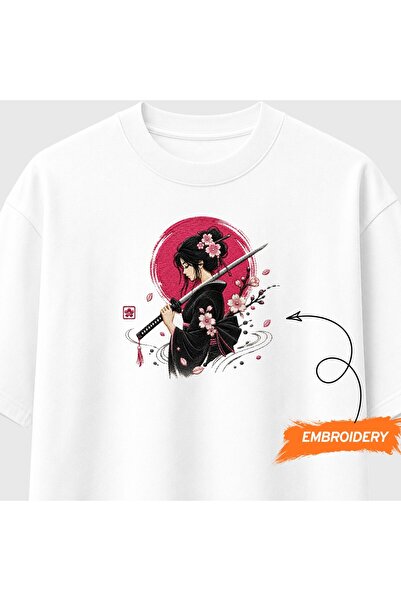 KEYFHOME Samurai Woman και Sakura Japanese Art Κεντημένο T-shirt Unisex 100% ...