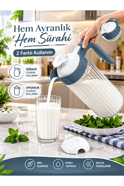 abenim 1500 cc Mavi Kapaklı Cam Karıştırma Sürahisi yedek kapaklı