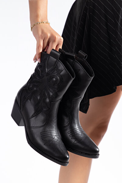 mysticaluxe Shoes Western Cowboy Women's Faux Leather Black & Black Embroidered Short Boots M0012