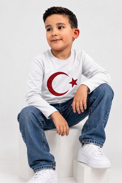 atölye kids 100% Cotton Ay Yildiz White Long Sleeve T-Shirt Badi April 23 May 19 August 30 Ceremony Celebration