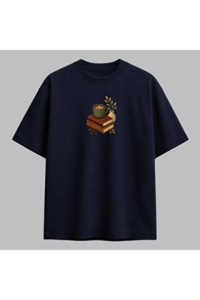 KEYFHOME Embroidered T-Shirt with Coffee and Book Design Unisex 100% Cotton