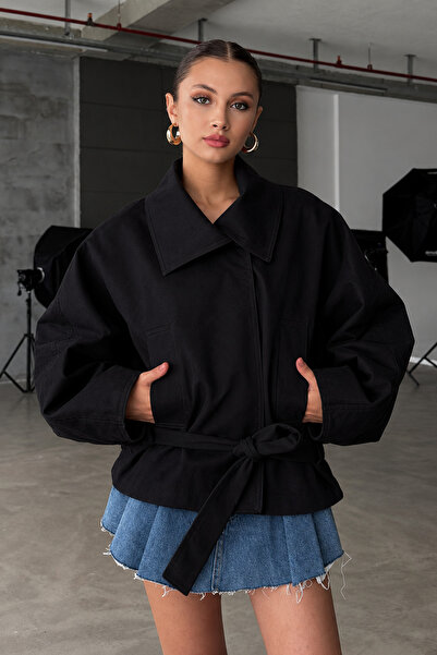 NET OF NOT Zr Model Black Stand Collar Gabardine Fabric Oversize Women's Tren...