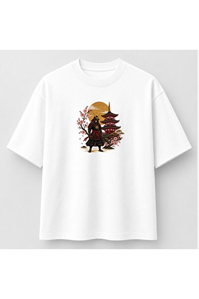 KEYFHOME T-shirt με κέντημα Ιαπωνικής τέχνης Samurai και Pagoda Unisex 100% β...