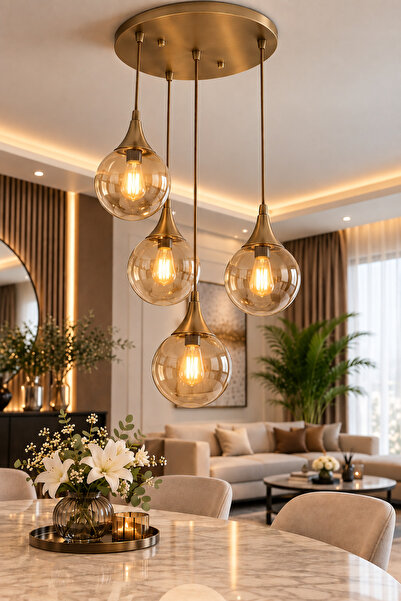 VENON Elora 3 + 1 Yuvarlak Sarkıt Avize ✨ ESKİTME ✨ BAL GLOP CAMLI ✨ Salon Av...