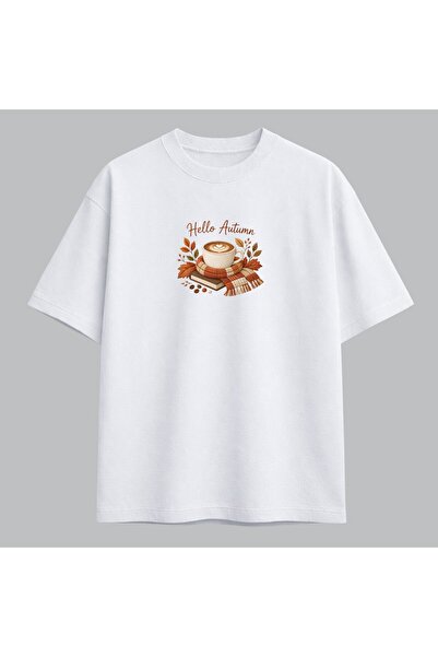 KEYFHOME Hello Autumn Autumn Coffee Themed Embroidered T-Shirt Unisex 100% Co...