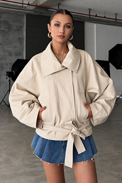 NET OF NOT ZR Model Bej Dik Yaka Gabardin Kumaş Oversize Kadın Trençkot Ceket