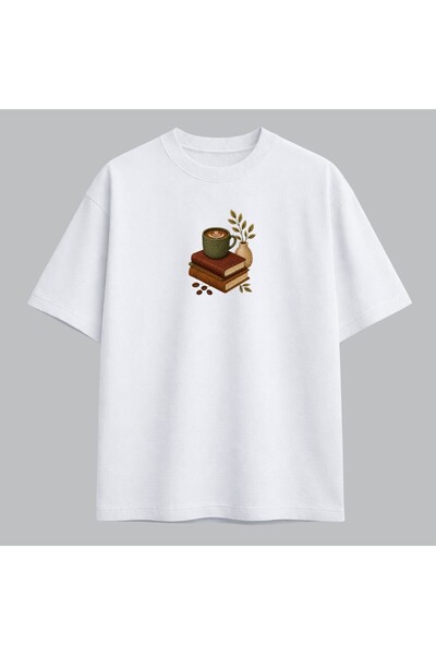Kahve ve Kitap Tasarımlı Nakışlı Tişört Unisex %100 Pamuk