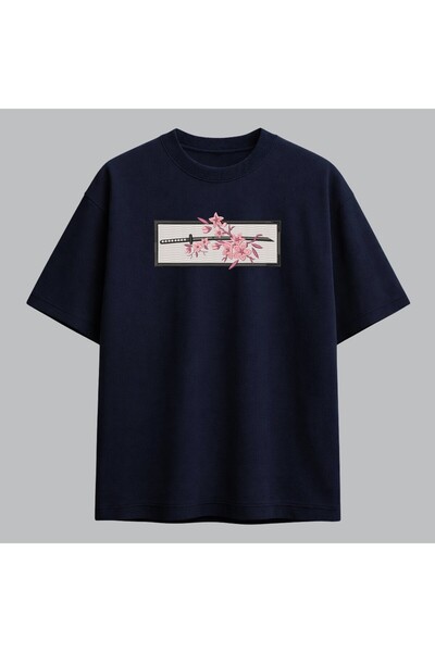 KEYFHOME Tricou unisex cu broderie artă japoneză Katana și Sakura 100% bumbac