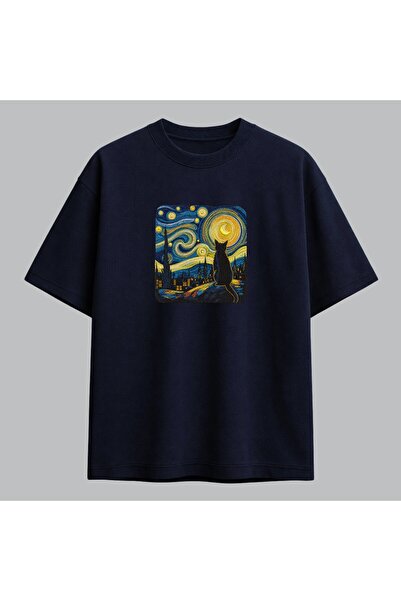 KEYFHOME Van Gogh Starry Night and Cat Embroidered T-Shirt Unisex 100% Cotton