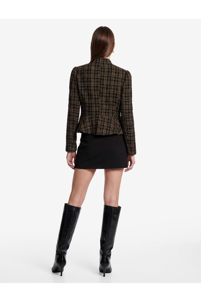 Koton Long Sleeve Buttoned Stand Collar Tweed Peplum Plaid Jacket