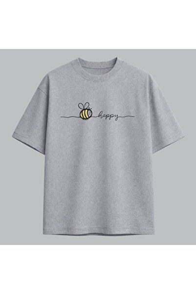 KEYFHOME Bee Happy Bee Minimal Tekst Vezena Majica Unisex 100% Pamuk